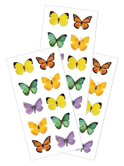 3 sheets of stickers featuring colorful, photo real butterflies, shown on white background.