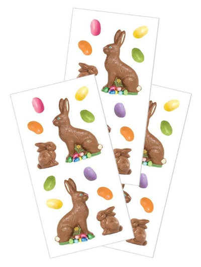 3 sheets of stickers featuring chocolate bunnies and jelly beans, shown on white background.