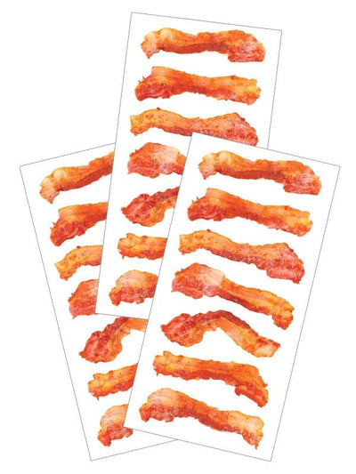 3 sheets of decorative stickers featuring strips of photo real bacon, shown on white background.