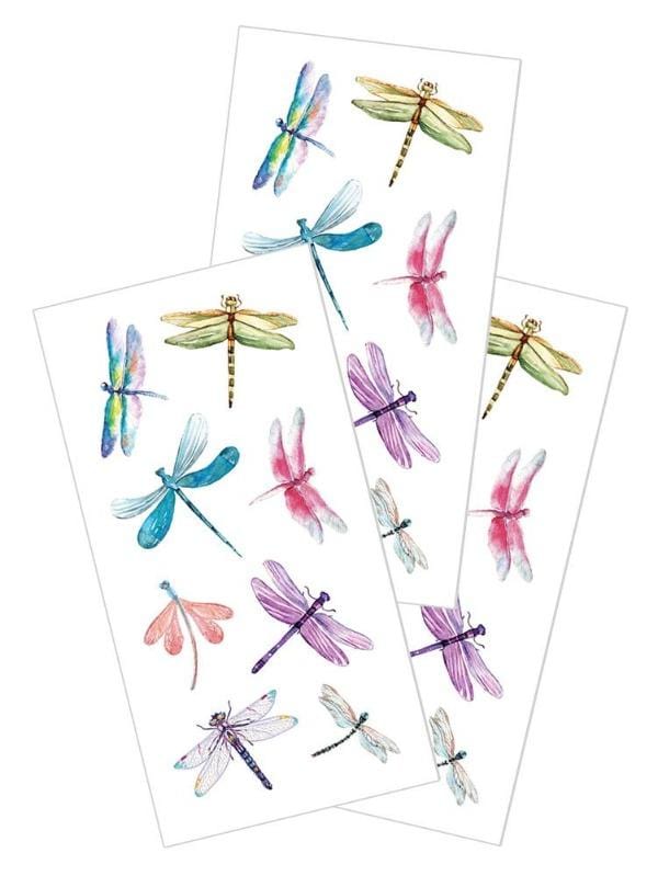 3 sheets of decorative stickers are shown overlapping, featuring colorful dragonflies shown on white background.