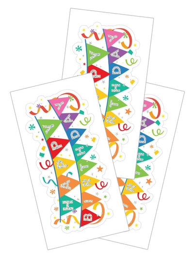 3 sheets of birthday stickers featuring a colorful Happy Birthday banner with holographic foil, shown on a white background.