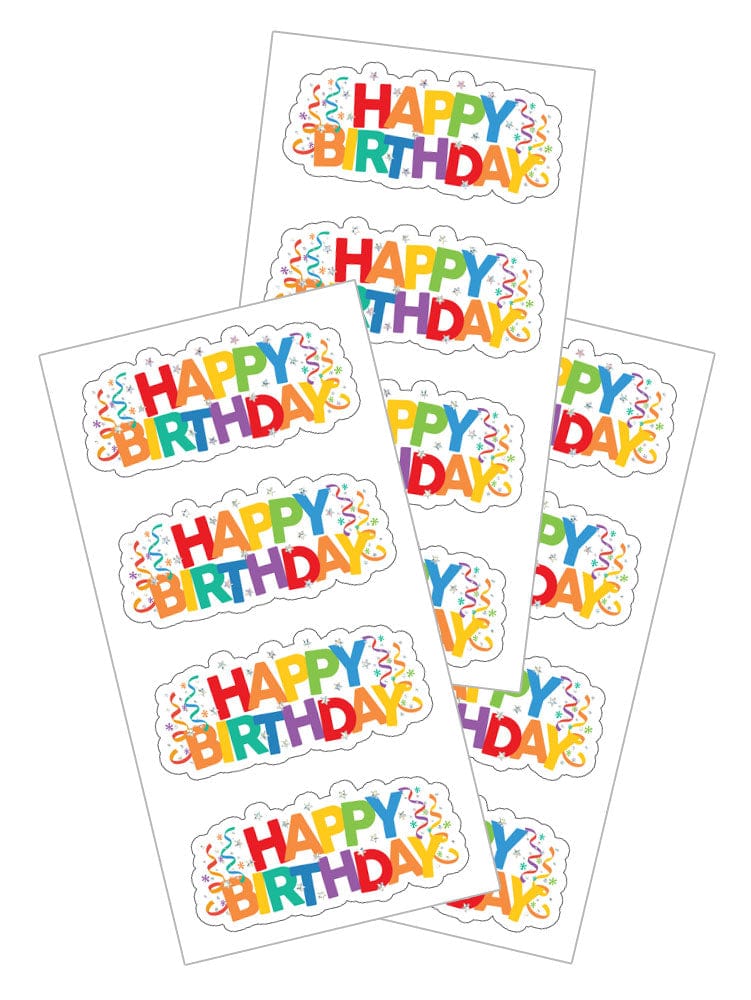 3 birthday stickers featuring colorful Happy Birthday banners and confetti, shown on white background.