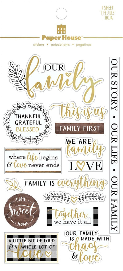 scrapbook stickers shown in packaging, featuring blessed family themed sentiments of love with black and gold details.