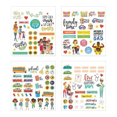 Four sheets of colorful planner stickers are shown in this image featuring family illustrations, sentiments, school and movie night themes with gold details.