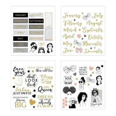 Four sheets of planner stickers are shown in this image featuring black and white illustrations of women, sentiments, and months with gold details.