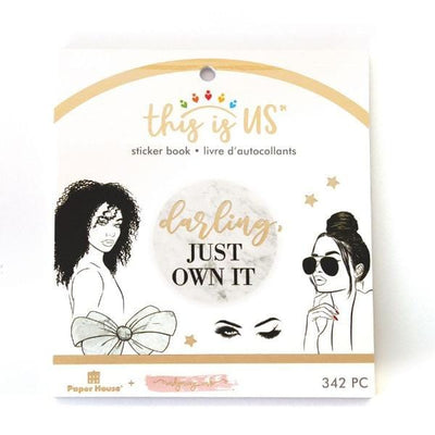 planner stickers shown in packaging featuring black and white illustrations of two women with gold details.