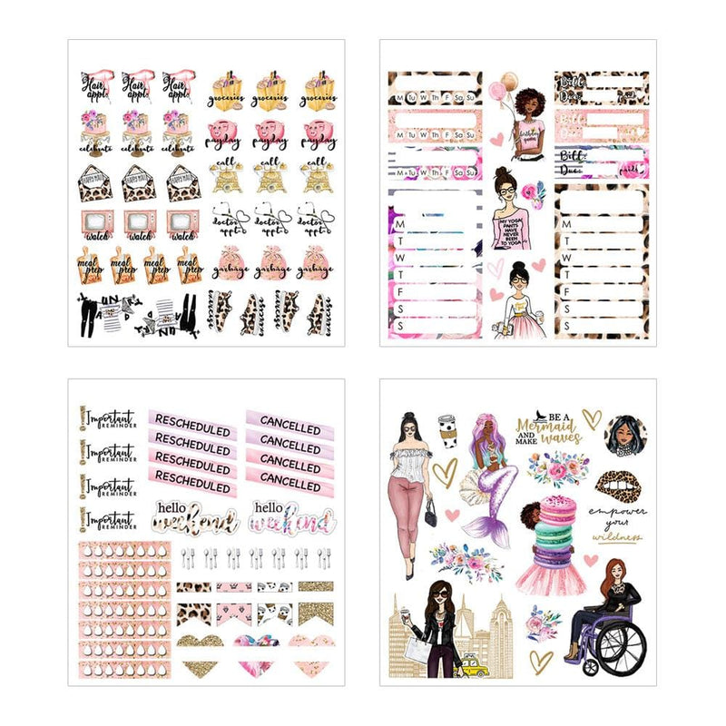 Four sheets of planner stickers are shown in this image featuring colorful illustrations of a diverse mix of women, days of the week, florals and gold details.