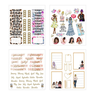 Four sheets of planner stickers are shown in this image featuring colorful illustrations of a diverse mix of women, months, florals and gold details.