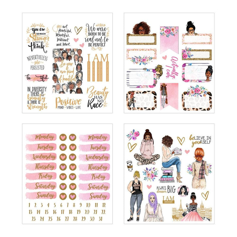 Four sheets of planner stickers are shown in this image featuring colorful illustrations of a diverse mix of women, inspirational sentiments, days of the week, florals and gold details.