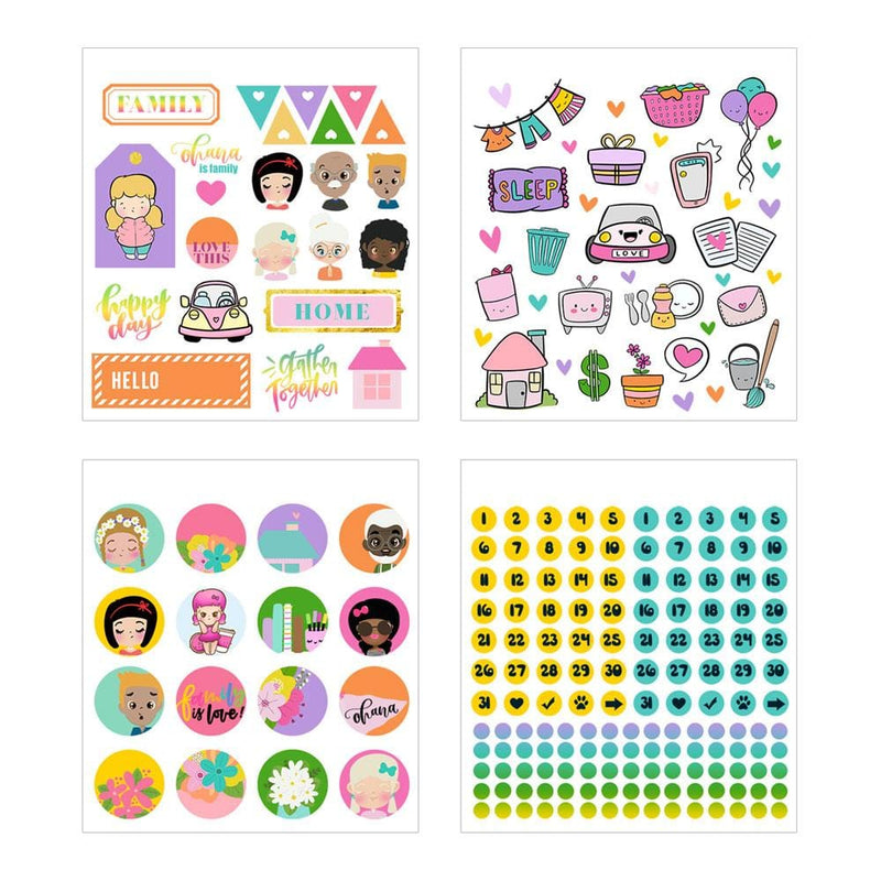 Four sheets of planner stickers are shown in this image featuring colorful illustrations of family members, inspirational sentiments, numbers, florals and gold details.
