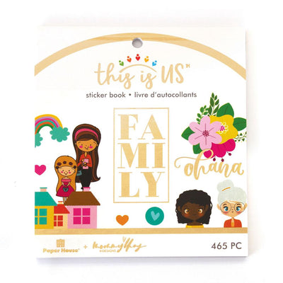 planner stickers shown in packaging featuring colorful illustrations of family members with floral and gold details.