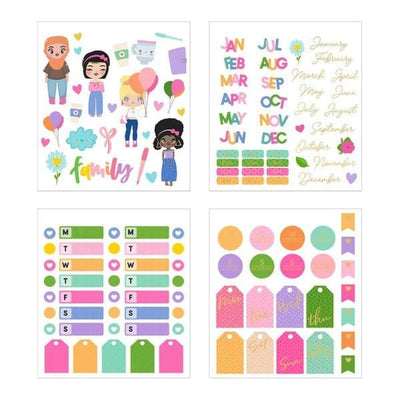 Four sheets of planner stickers are shown in this image featuring colorful illustrations of a diverse mix of women, tags, days of the week and months with gold details.