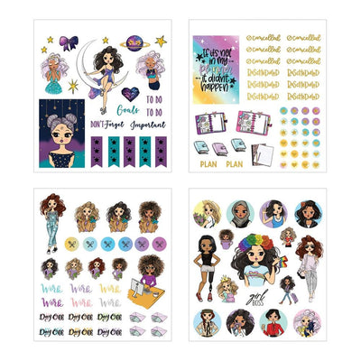 Four sheets of planner stickers are shown in this image featuring colorful illustrations of women with inspirational sayings and tags with gold details.