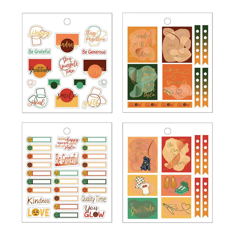 4 sheets of planner stickers featuring illustrations in oranges and greens with words of inspiration, shown on white background.