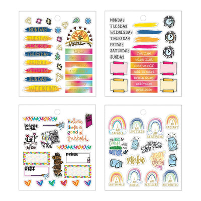 4 sheets of planner stickers featuring colorful illustrations of rainbows, days of the week, and inspirational sentiments, shown on white background.