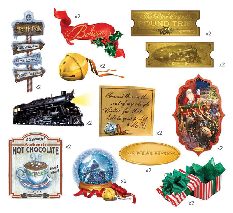 die cut scrapbook stickers featuring The Polar Express scenes and tickets with gold details, shown on white background.
