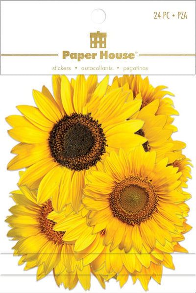 An assortment of scrapbook stickers featuring yellow sunflowers shown in packaging.