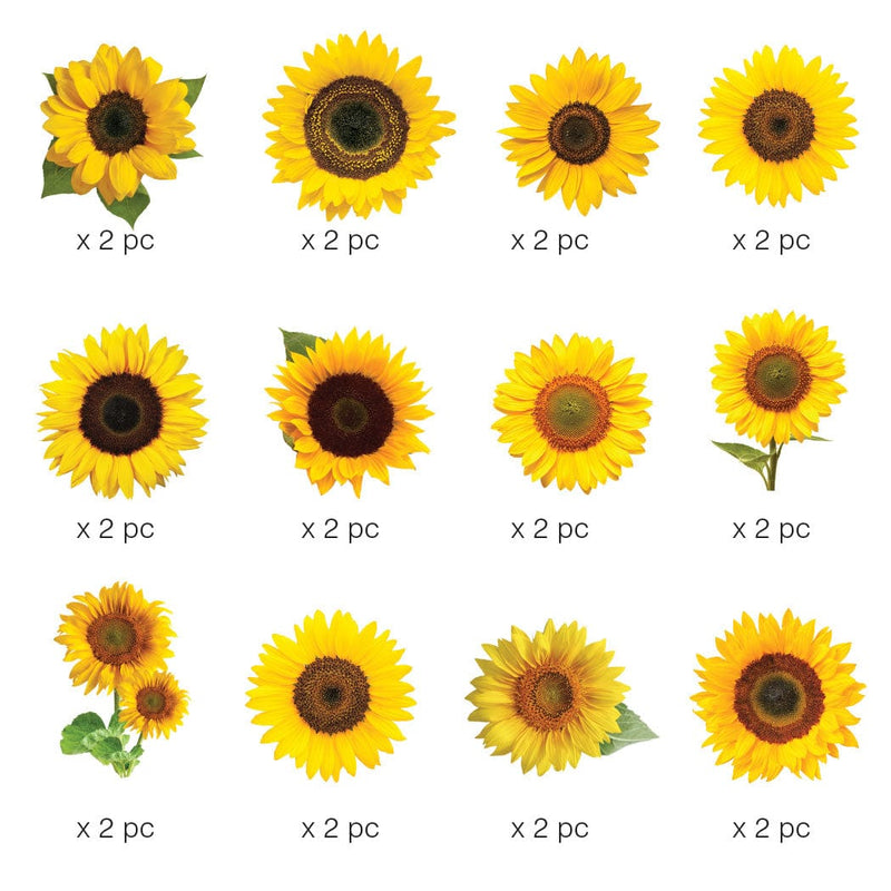 Twelve scrapbook stickers featuring yellow sunflowers shown on white background.