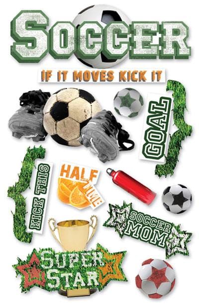 3D scrapbook stickers featuring soccer balls, green grass and trophy.
