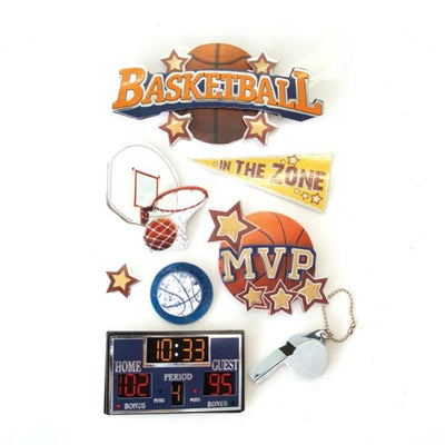 3D scrapbook sticker featuring basketballs, hoops, whistle and scoreboard.