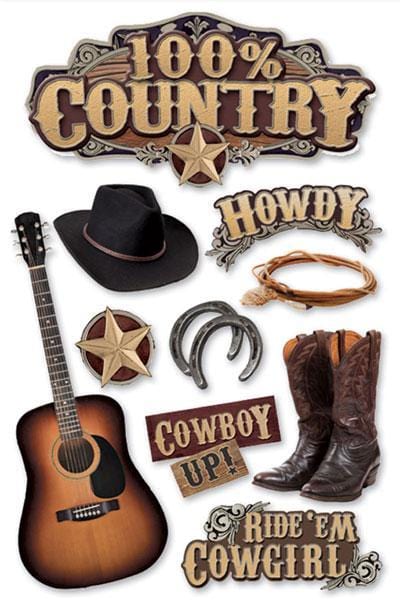 3D scrapbook stickers featuring brown cowboy boots, a black cowboy hat and a brown guitar.