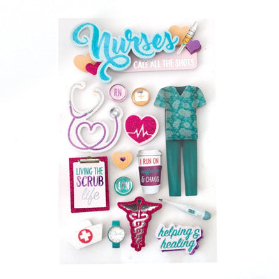 3D scrapbook stickers featuring nurses uniform, stethoscope and hearts