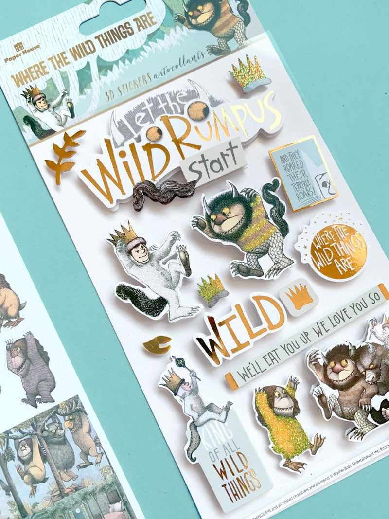 3D scrapbook stickers shown in package featuring Where the Wild Things Are characters and sayings shown on a teal background.