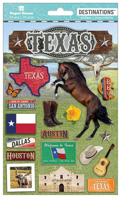 scrapbook stickers featuring Texas, horses, cowboy boots and state signs shown in package.