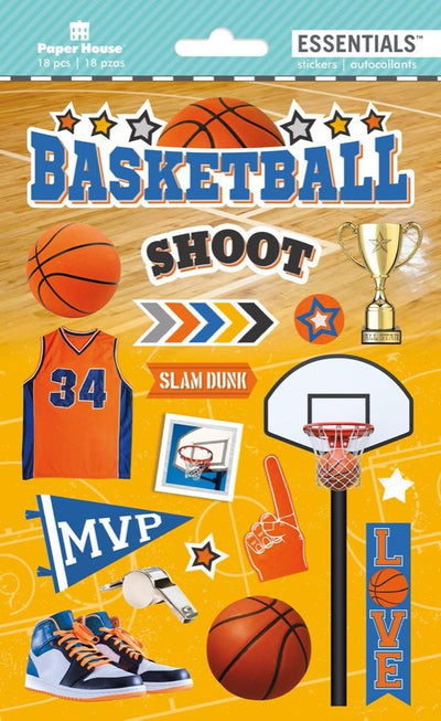 3D scrapbook stickers featuring basketballs, sneakers, hoops and trophy shown in package.