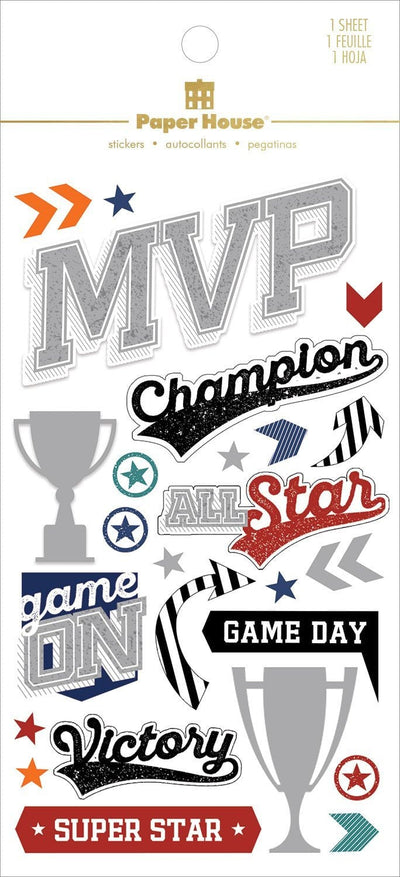 sports themes scrapbook stickers featuring "MVP" and "champion" words. Silver foil details and red, blue and black symbols. Shown in white package with gold foil letters.