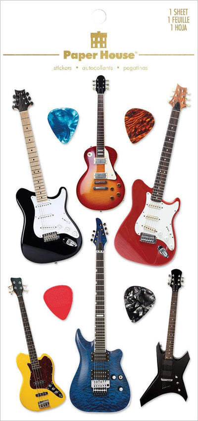 An assortment of scrapbook stickers featuring colorful electric guitars shown in packaging.