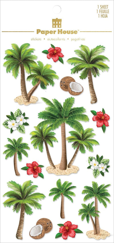 Assortment of scrapbook stickers featuring green palm trees and tropical flowers shown in packaging.