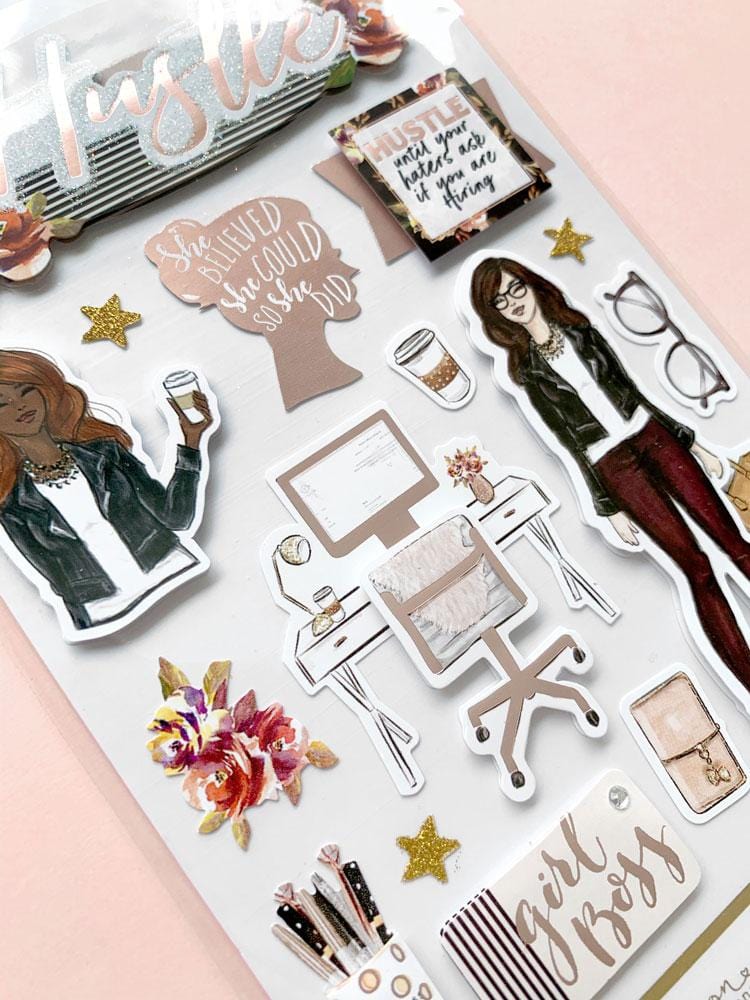 3D scrapbook stickers featuring girl boss illustrations shown on a pink background.