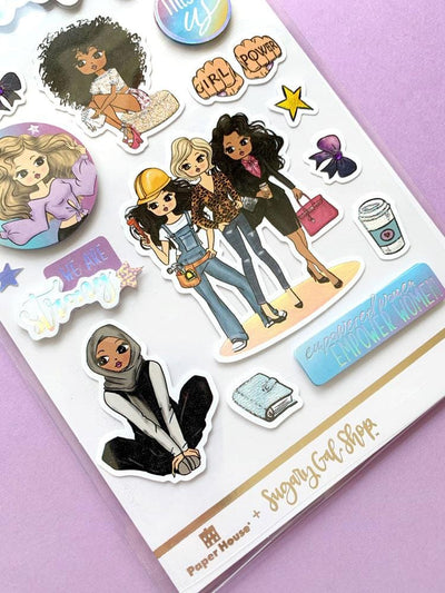 3D scrapbook stickers featuring illustrations of a diverse group of women shown on a purple background.