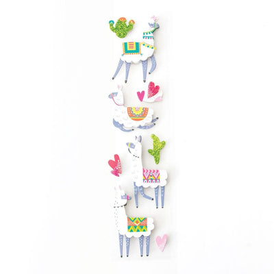 3D scrapbook stickers featuring colorful illustrated llamas and hearts shown on white background.