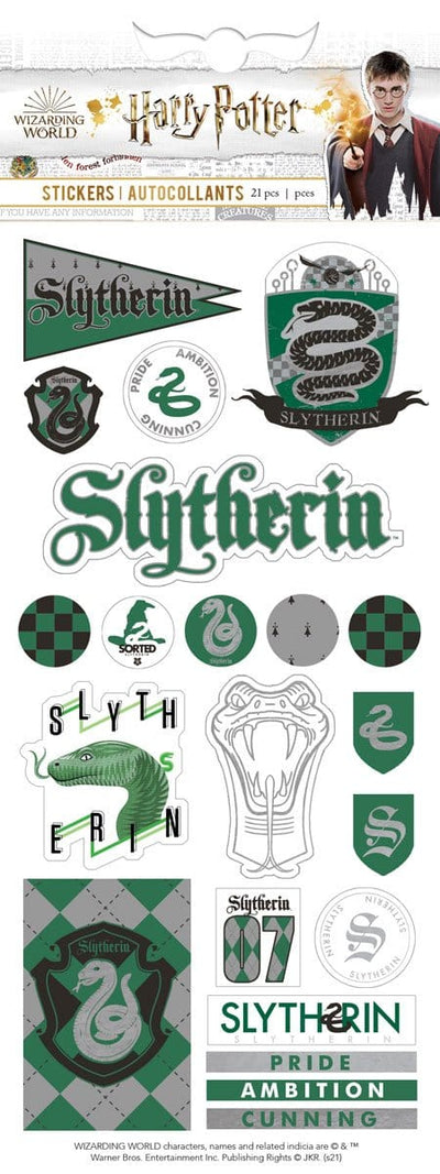 Harry Potter foil stickers shown in packaging featuring Harry Potter Slytherin House illustrations with silver and green details.
