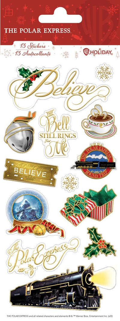 foil stickers featuring The Polar Express scenes and gold embellished titles, shown in package.