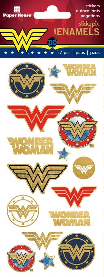foil stickers featuring Wonder Woman logos and symbols with gold foil, shown in package.