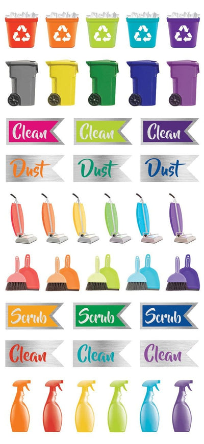 planner stickers featuring colorful cleaning functional stickers with silver details.