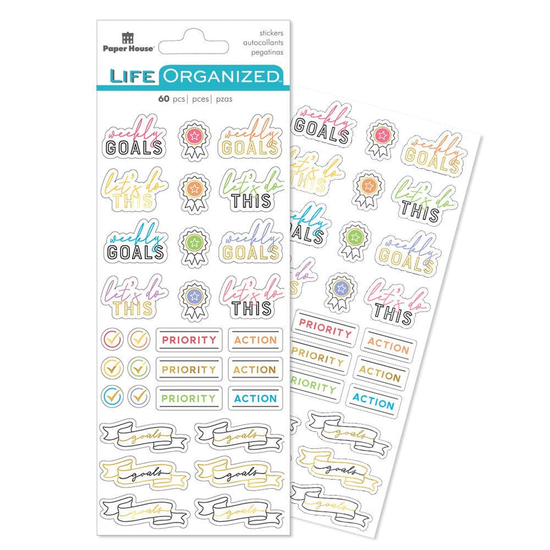 planner stickers featuring weekly goals lettering, check marks and banners with gold details, shown in package overlapping another sheet on white background.