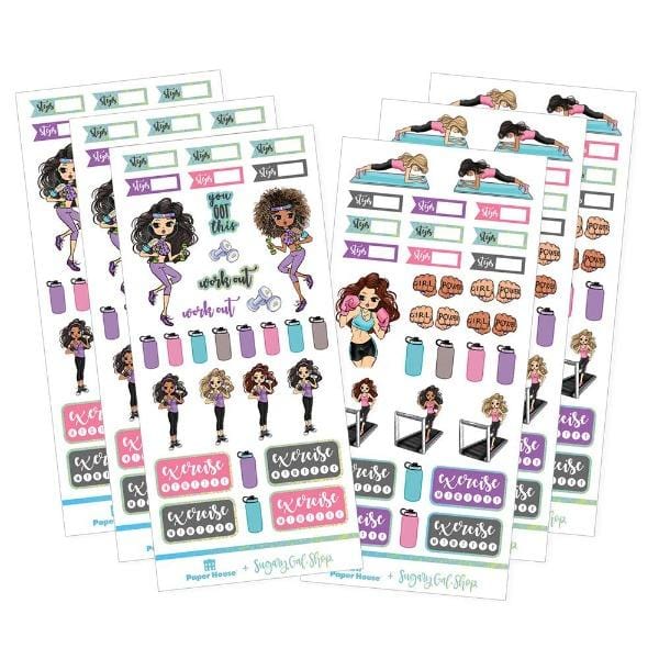 6 sheets of planner stickers featuring illustrated fitness girls with steps trackers, shown on white background.