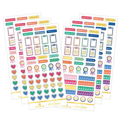 6 sheets of colorful planner stickers featuring mental health trackers, shown on white background.