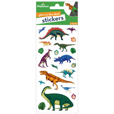 glow in the dark stickers featuring colorful, illustrated dinosaurs, shown in package on white background.