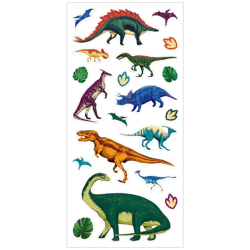 glow in the dark stickers featuring colorful, illustrated dinosaurs, shown on white background.