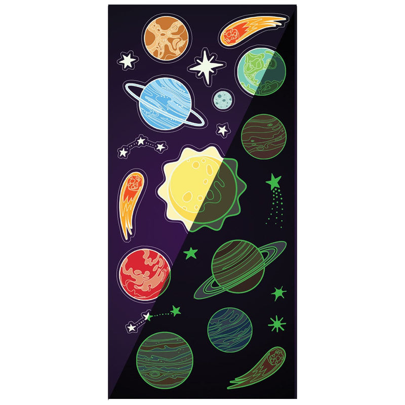 glow in the dark stickers featuring colorful, illustrated planets on the left side, and glowing green planets on the right side, shown on white background.