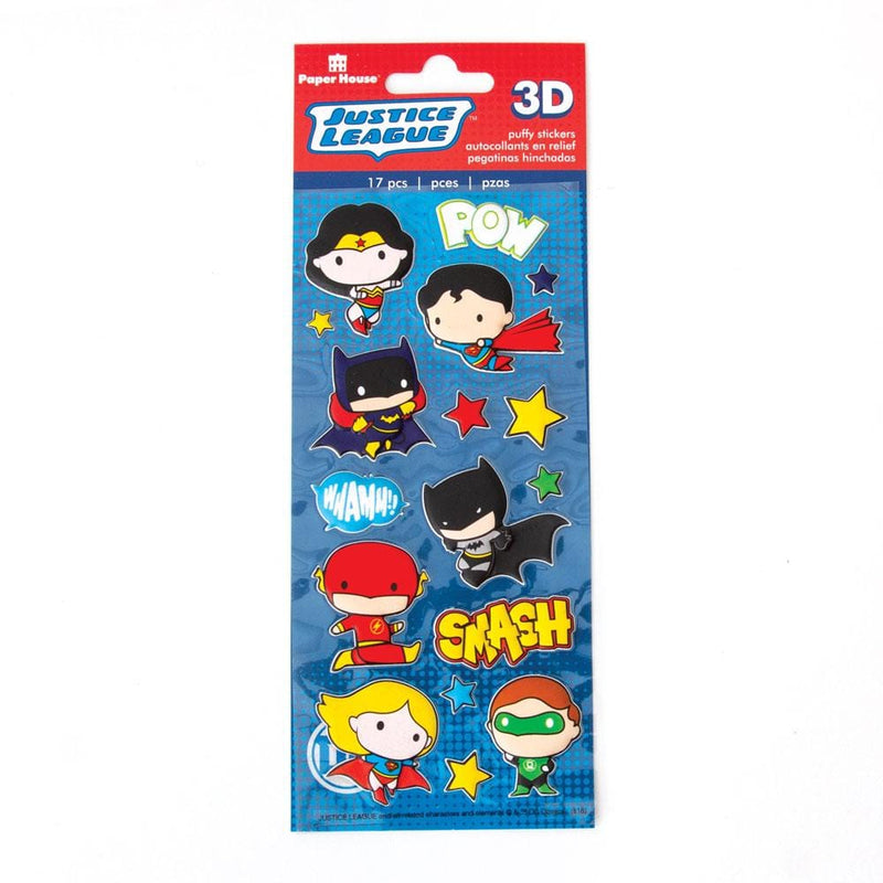 puffy stickers featuring Justice League chibi characters, shown in package on white background.