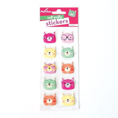 puffy stickers featuring colorful, illustrated cat faces, shown in packaging on white background.