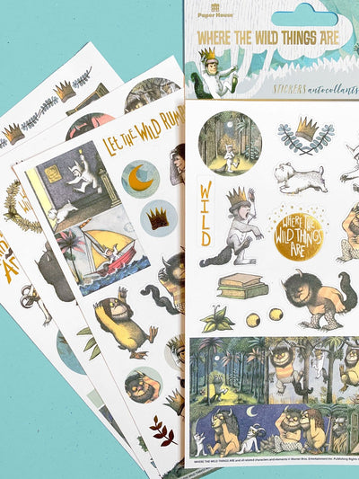 sticker pack featuring Where the Wild Things Are characters and scenes, shown in package overlapping 3 sheets of stickers on teal background.