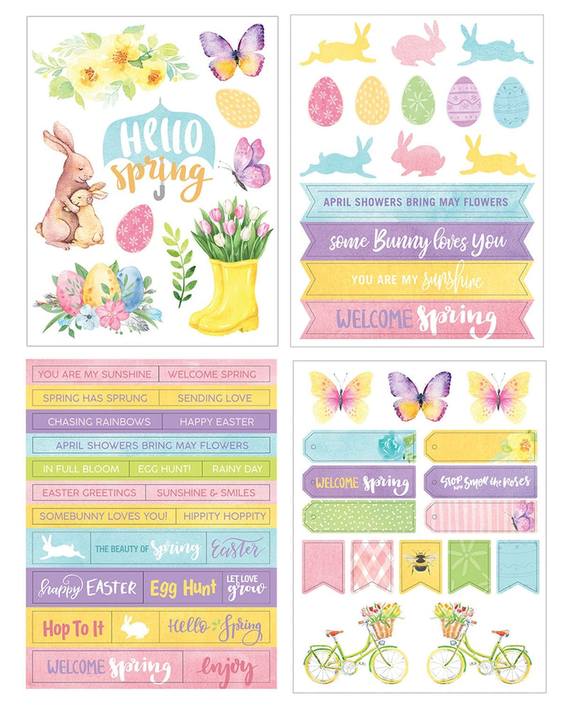Four sheets of spring themed, pastel colored stickers are shown on a white background.