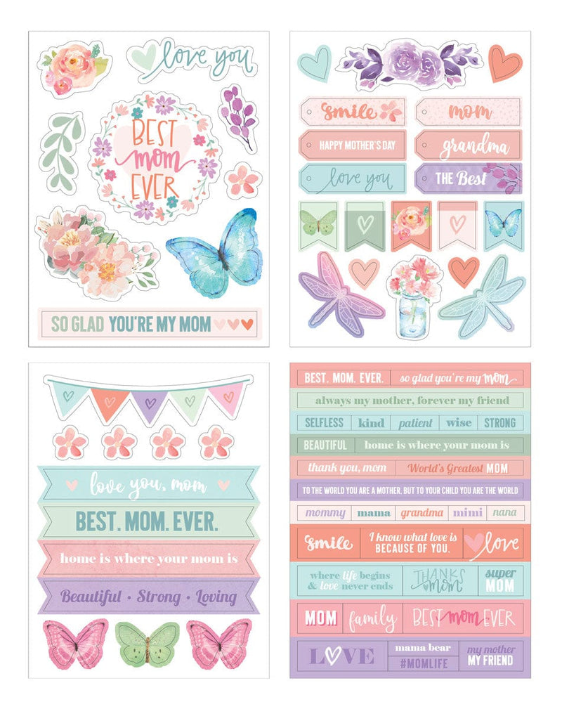 sticker pack featuring 4 sheets of pastel illustrated florals, butterflies and words of love, shown on a white background.